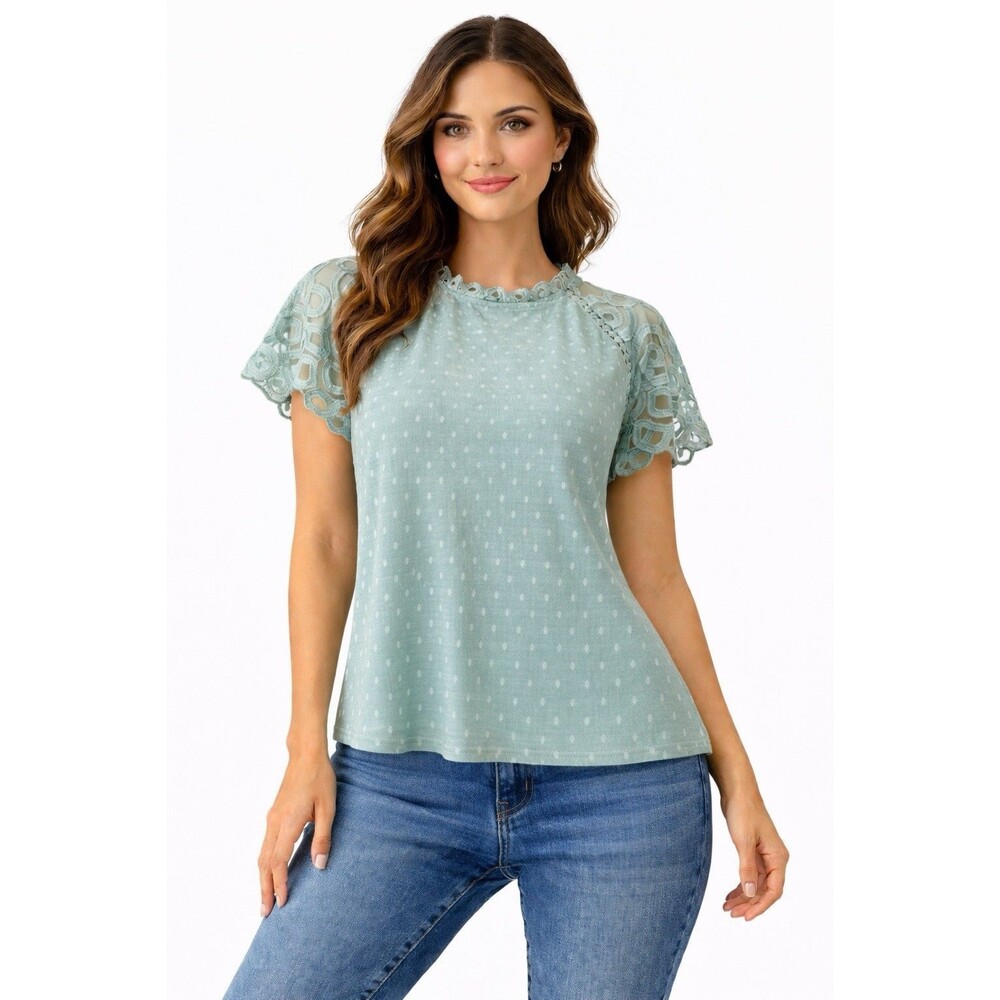 Flower & Feather XL Mint Green Swiss Dot Blouse Lace‎ Sleeve Boho Top Femenine